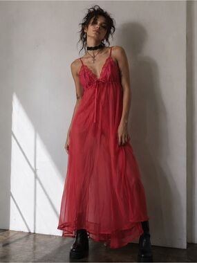 Vintage Red Sheer Lace-Trim Maxi Slip Dress
